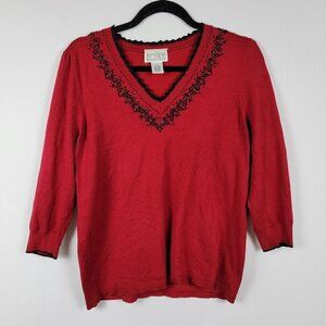 BETHANY Knit Top Red W/ Black Sequin Embellishment Half Sleeve V-Neck Women's L